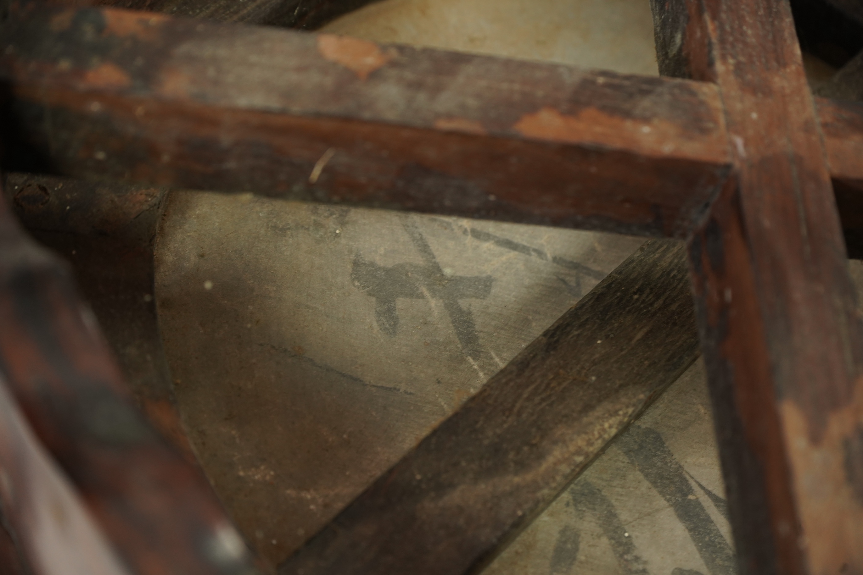 A Chinese dreamstone marble inset hongmu table and four matching stools